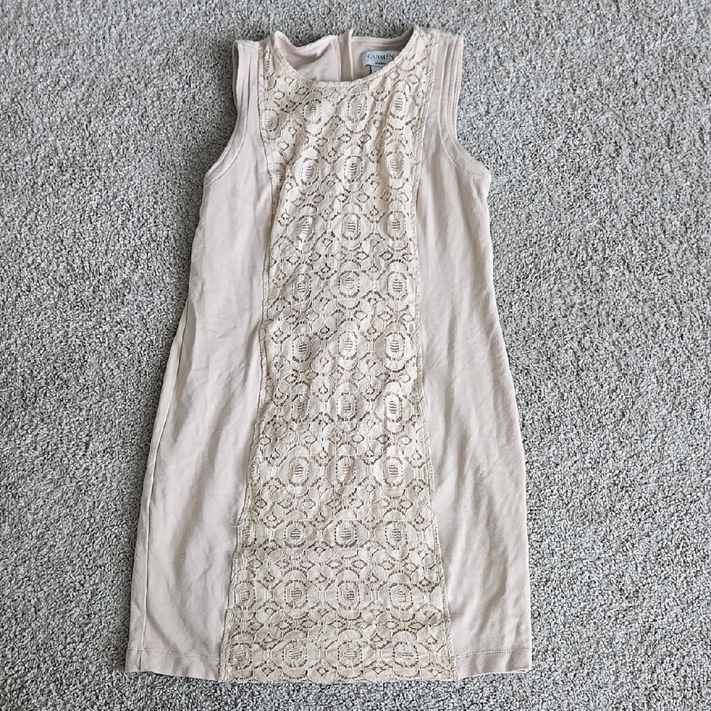 Carmen Marc Valvo Creamy Beige Sheath Mini Dress Sleeveless Crew Neck